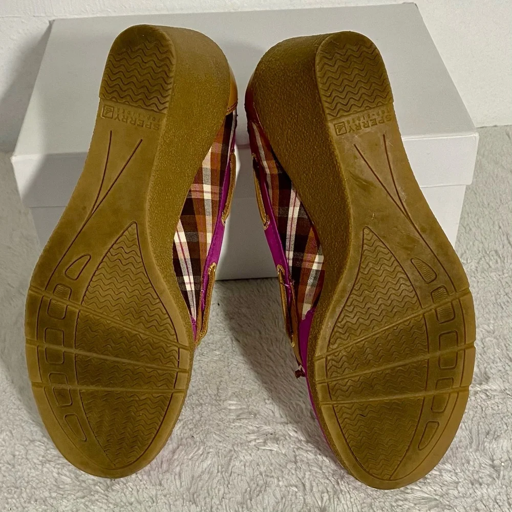 Sperry Top-Sider Goldfish Pink Tan Plaid Wedges Women’s Size 7.5M